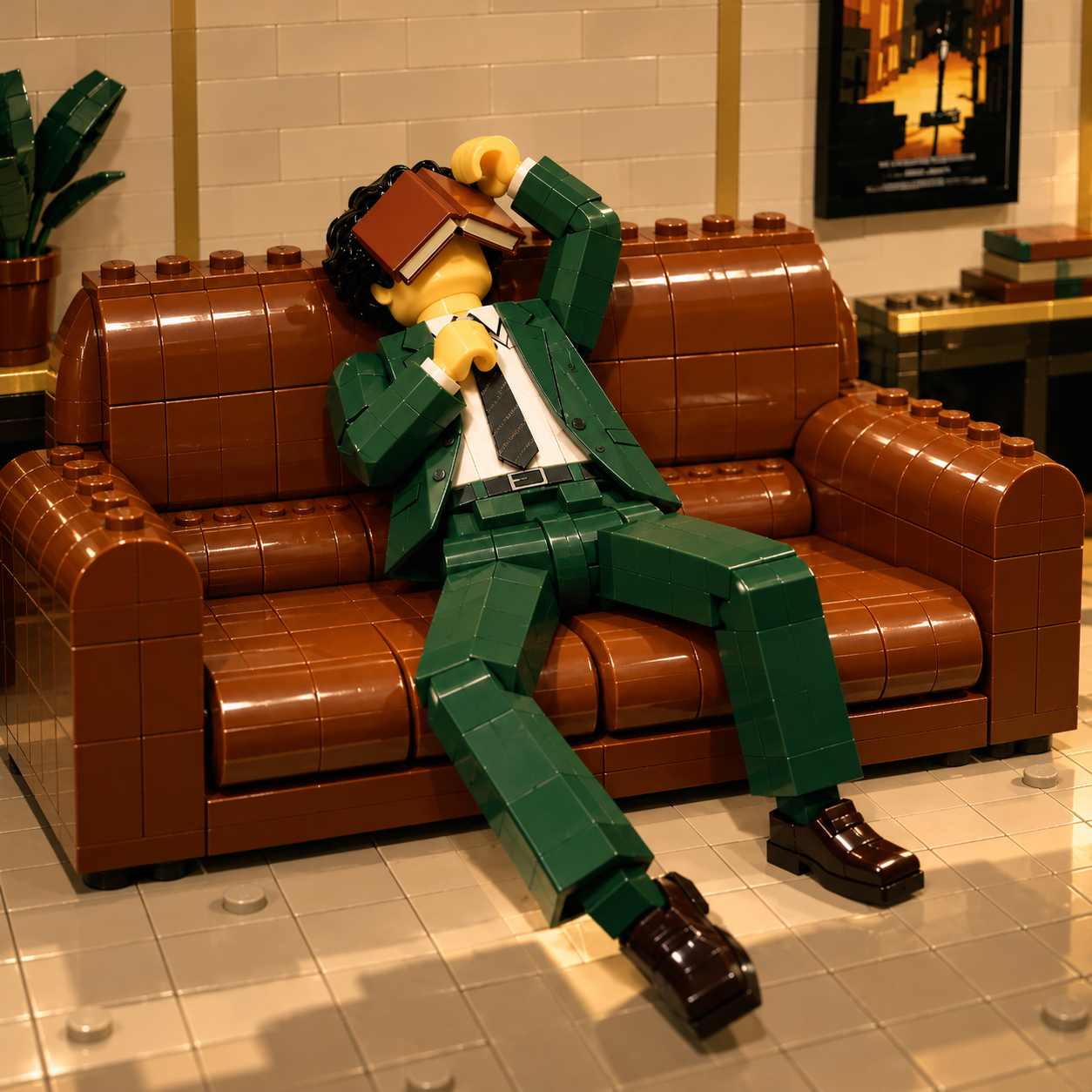 An exhausted toy-brick office worker in a green suit resting on a brown sofa with a book over his face.